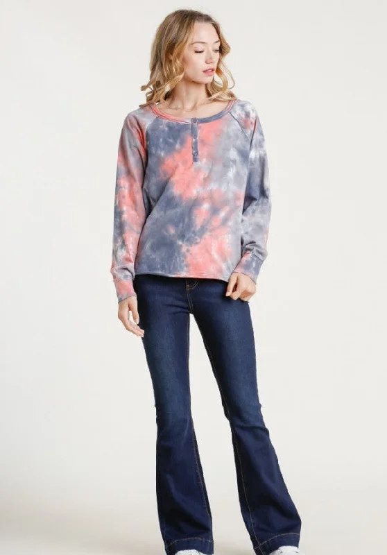 Tie Dye Henley Top, Pink