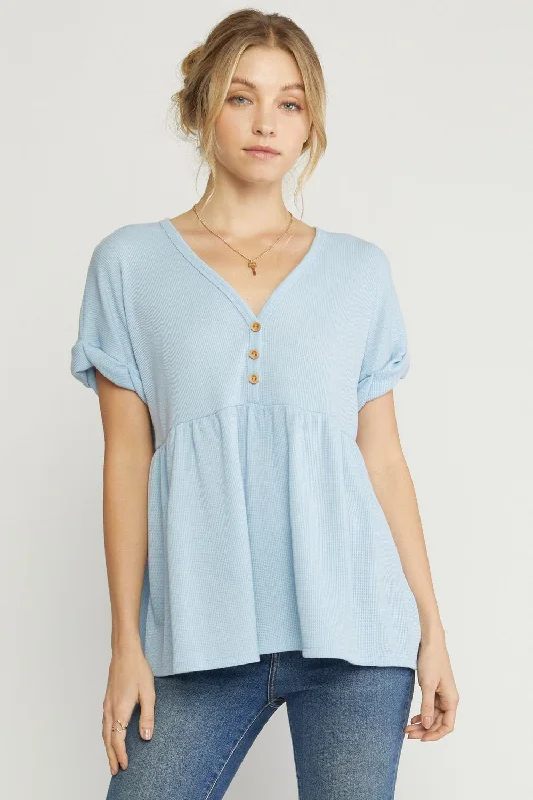 Waffle Knit Babydoll Top, Blue