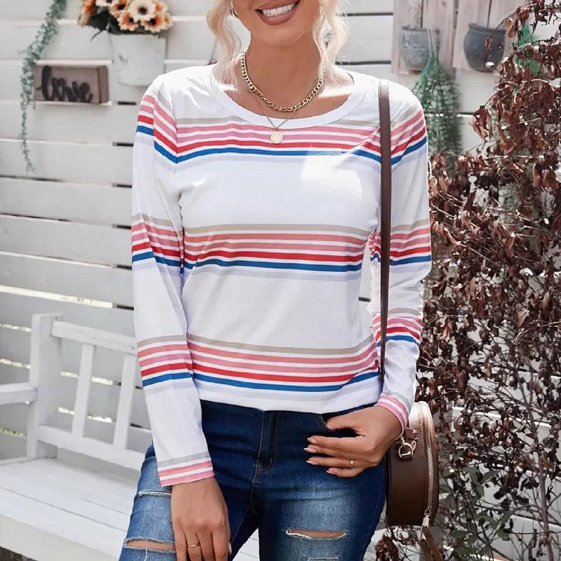 Autumn and Winter Thin Fashion Contrast Color Casual Long Sleeve T-shirt