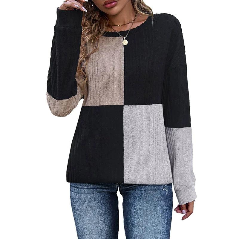 Fashion Contrast Color Multicolor Stitching Long Sleeve T-shirt Women 2024 Fall and Winter New Arrival Silm Easiest for Match round Neck Pullover Tops