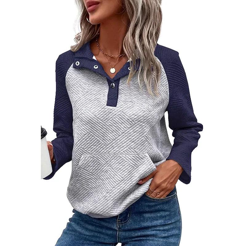 Fashion Contrast Color Stitching Long Sleeve T-shirt Women's 2024 Fall and Winter New Arrival Texture Fabric Three-Button Stand Collar Pullover Women