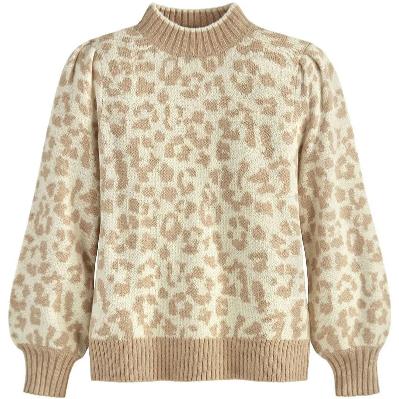 Adyson Parker Womens Leopard Print Ribbed Trim Pullover Sweater