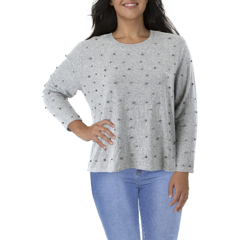 Coin 1804 Womens Plus Heathered Beaded Pullover Sweater