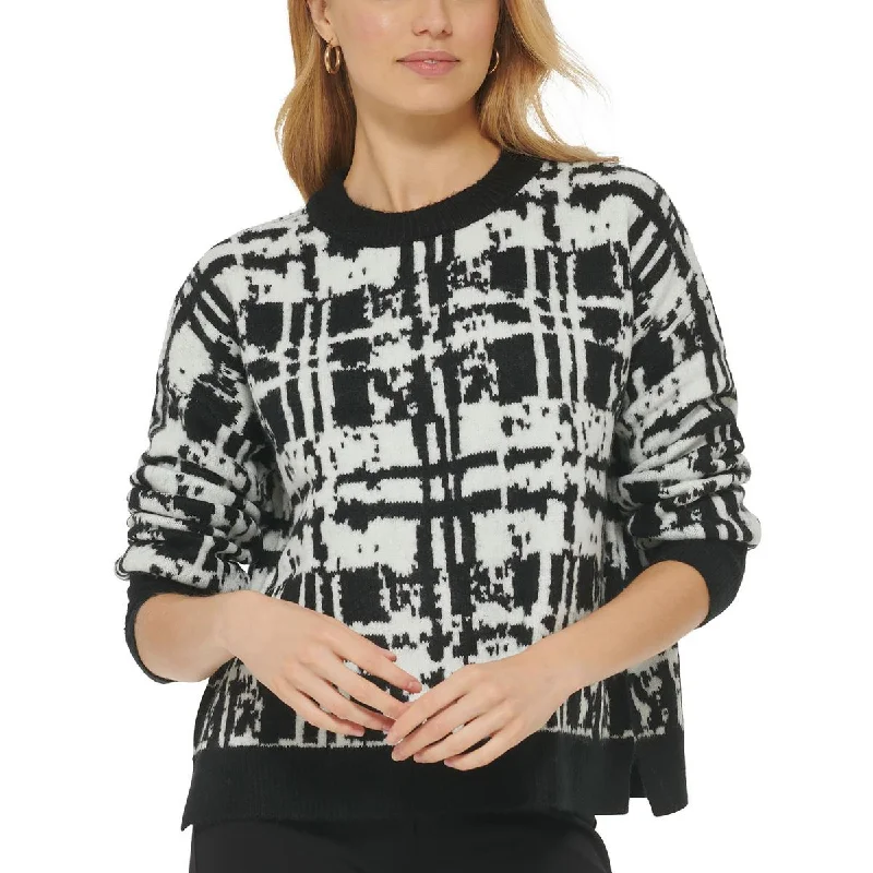 DKNY Womens   Printed Ribbed Trim Pullover Sweater