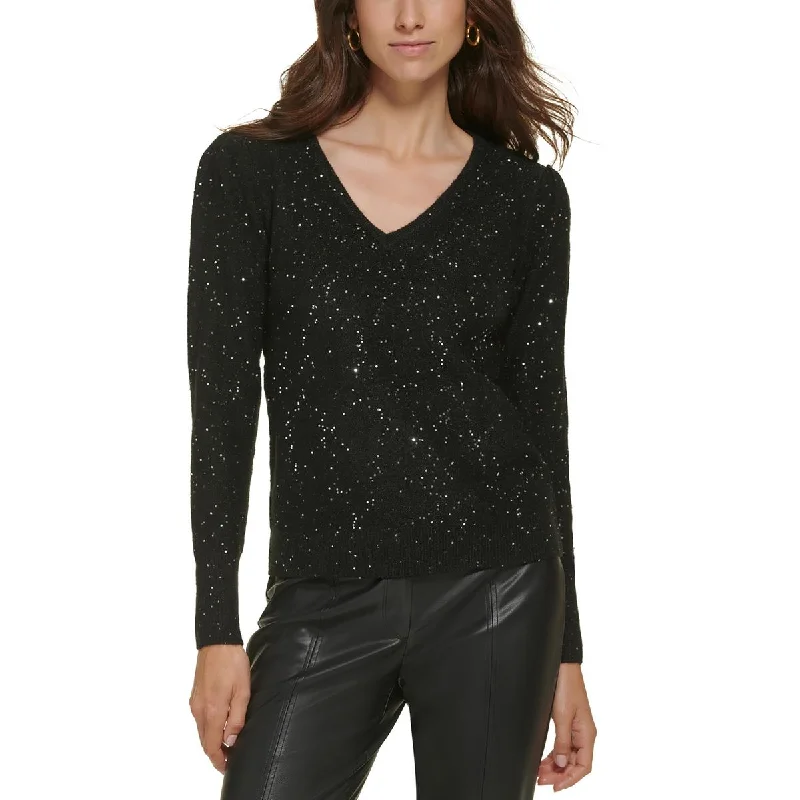 Karl Lagerfeld Paris Womens Metallic V-Neck Pullover Sweater