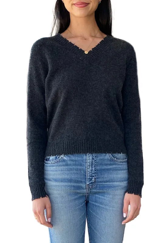 Cashmere Frayed Edge Cropped V Pullover