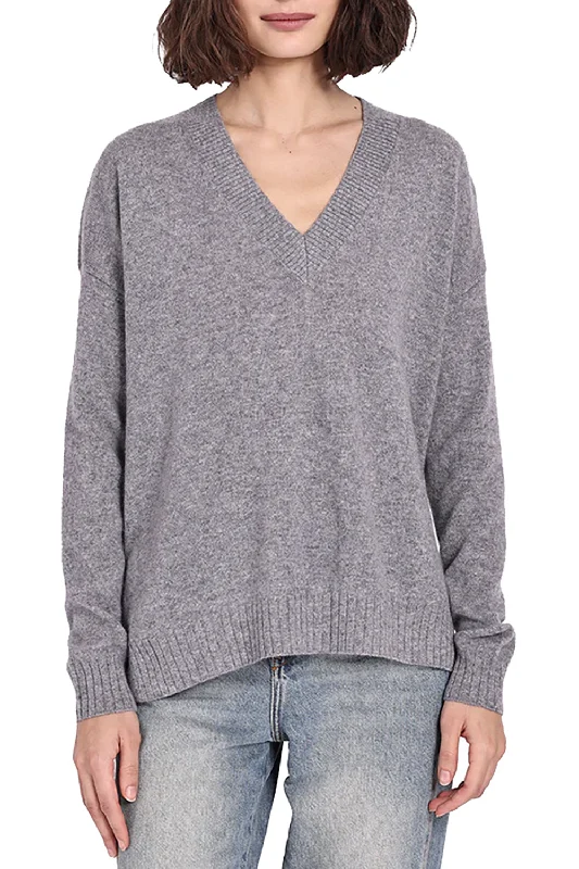 Cashmere Long and Lean V Pullover in Grey Shadow