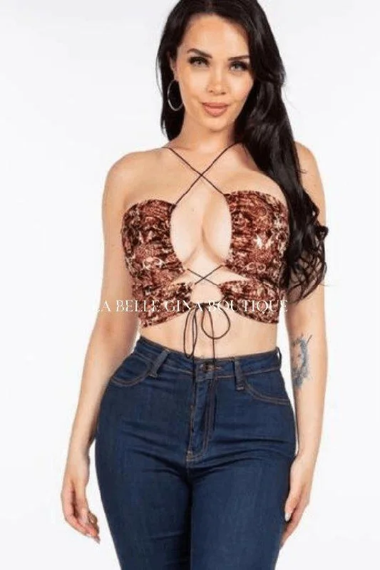 JAY sleeveless crisscross neck printed crop top