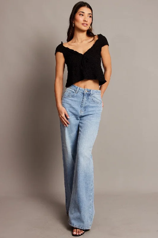 Black Textured Top Crop Short Sleeve