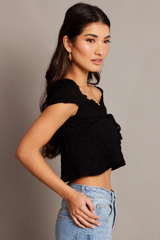 Black Textured Top Crop Short Sleeve