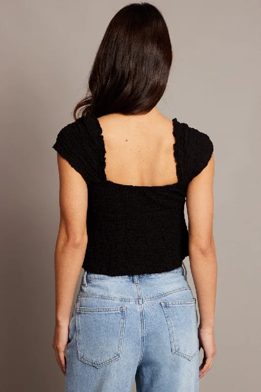 Black Textured Top Crop Short Sleeve