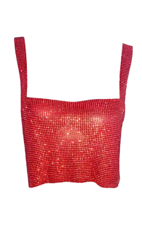 Blame It On Me <br><span>Red Rhinestone Metal Mesh Sleeveless Square Neck Backless Crop Tank Top</span>