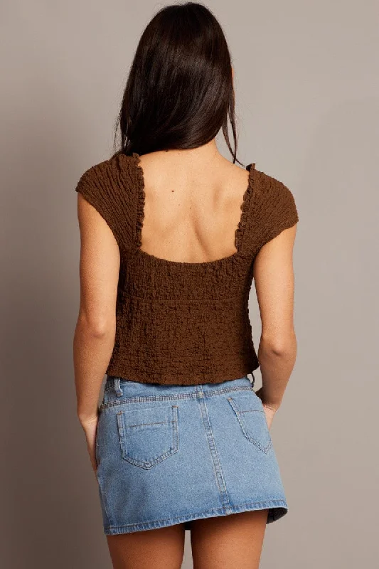 Brown Textured Top Crop Short Sleeve