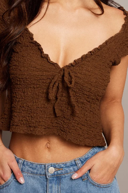 Brown Textured Top Crop Short Sleeve