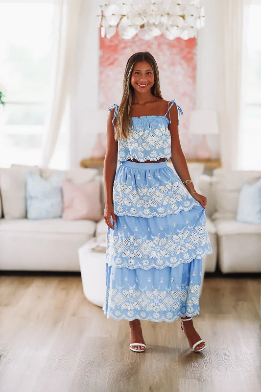 Festival in the Sand Crop Top and Skirt Set - Blue and White