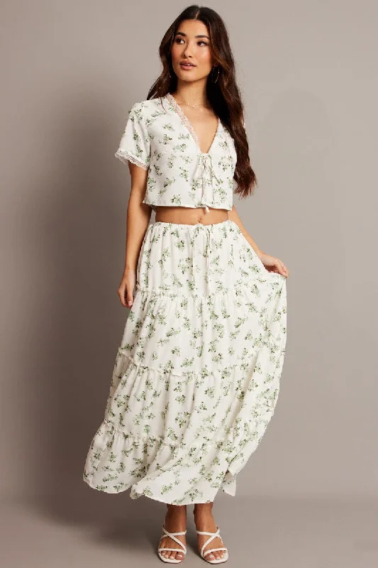 Green Floral Tie Up Lace Trim Top Short Sleeve Crop