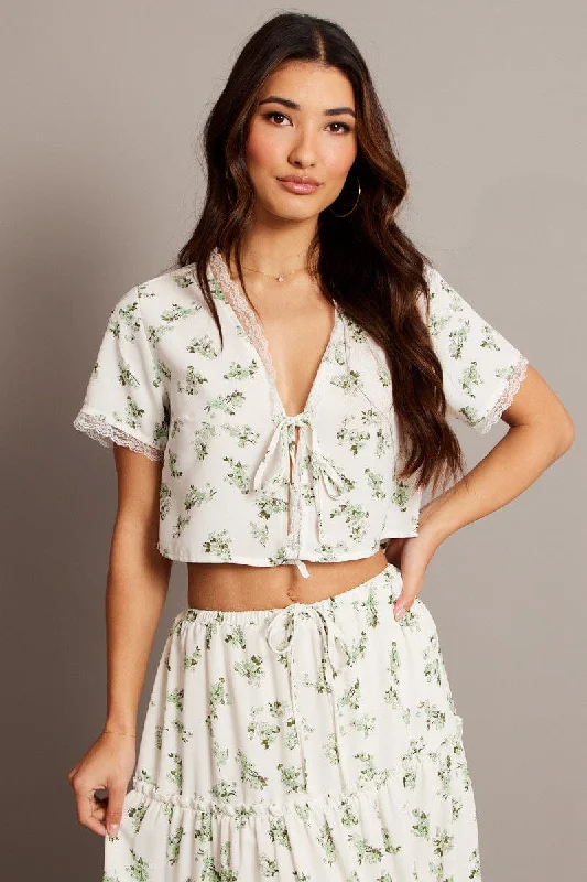 Green Floral Tie Up Lace Trim Top Short Sleeve Crop