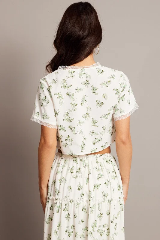 Green Floral Tie Up Lace Trim Top Short Sleeve Crop