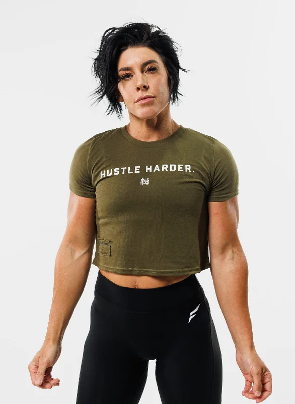 HUSTLE HARDER CROP TEE - OLIVE