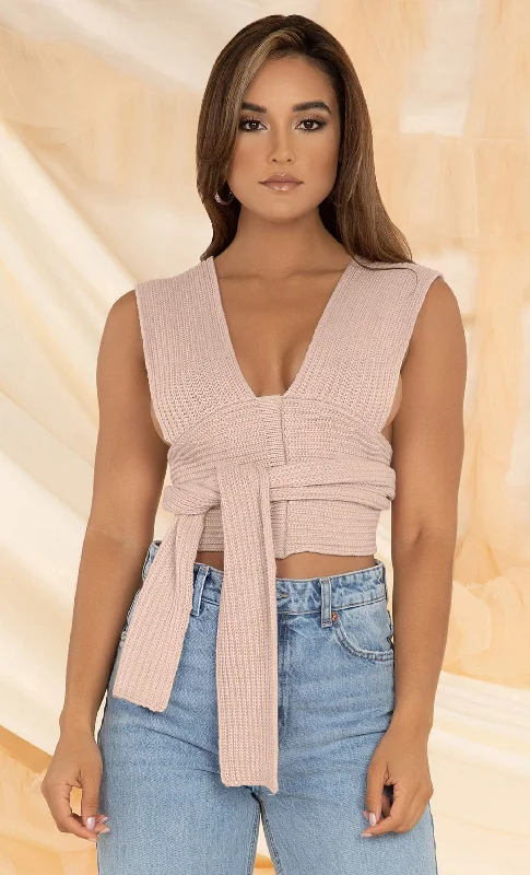 In My Dreams <br><span>Apricot Multiway Knit Light Purple V Neck Sleeveless Tie Crop Top</span>