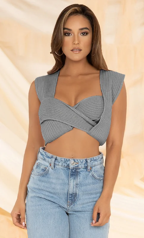 In My Dreams <br><span>Gray Multiway Knit Light Purple V Neck Sleeveless Tie Crop Top</span>