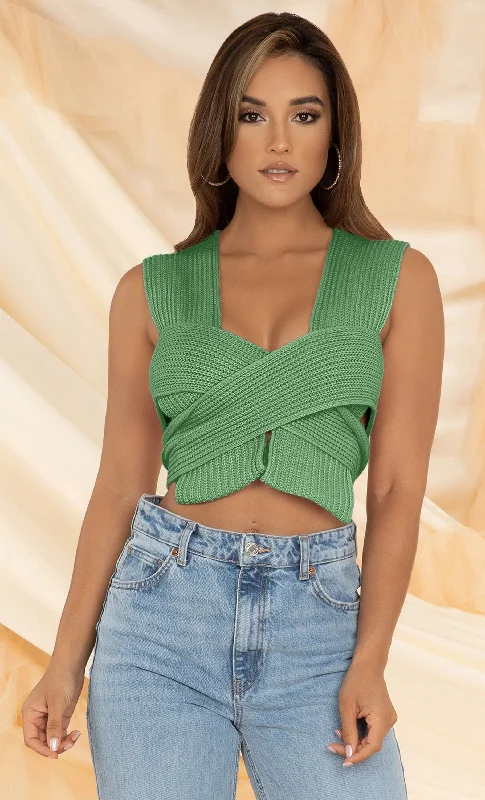 In My Dreams <br><span>Green Multiway Knit Light Purple V Neck Sleeveless Tie Crop Top</span>