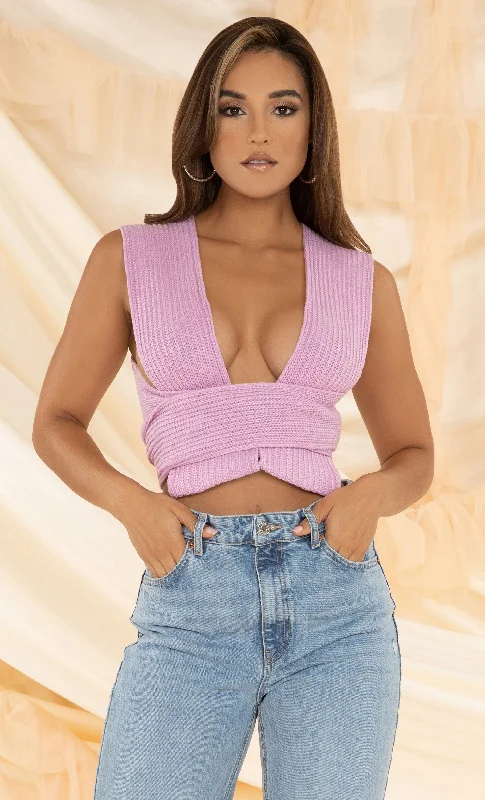 In My Dreams <br><span>Lavender Multiway Knit Light Purple V Neck Sleeveless Tie Crop Top</span>