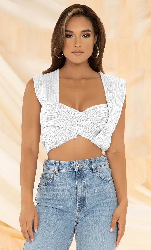 In My Dreams <br><span>White Multiway Knit Light Purple V Neck Sleeveless Tie Crop Top</span>