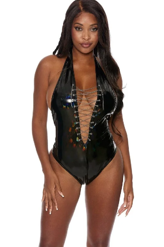 Feather Vinyl 1 piece Bodysuit with Lace Up Chain