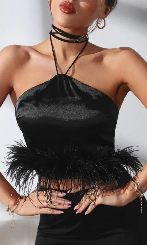 Party Every Night <span><br> Satin Sleeveless Spaghetti Strap Wrap Halter Feather Trim Crop Top</span>