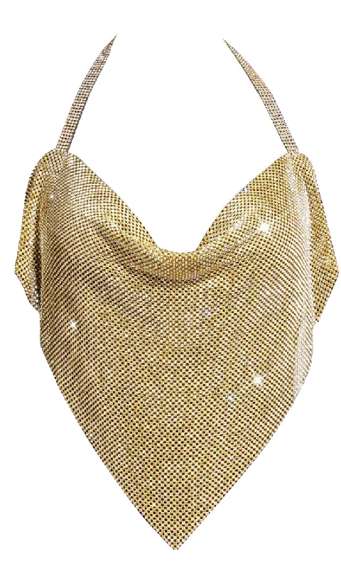 Party Until Sunrise <br><span>Gold Metallic Rhinestone Sleeveless Halter Drape V Neck Handkerchief Hem Backless Crop Top</span>