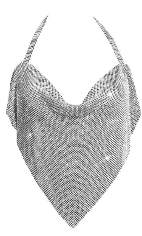 Party Until Sunrise <br><span>Silver Metallic Rhinestone Sleeveless Halter Drape V Neck Handkerchief Hem Backless Crop Top</span>