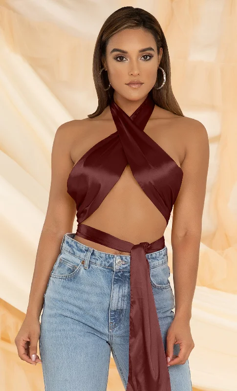 Permission to Dance <br><span> Brown Sleeveless Halter Satin  Wrap Tie Backless Crop Top</span>