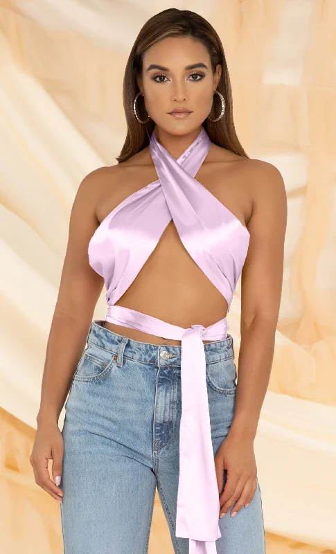 Permission to Dance <br><span> Pink Sleeveless Halter Satin  Wrap Tie Backless Crop Top</span>