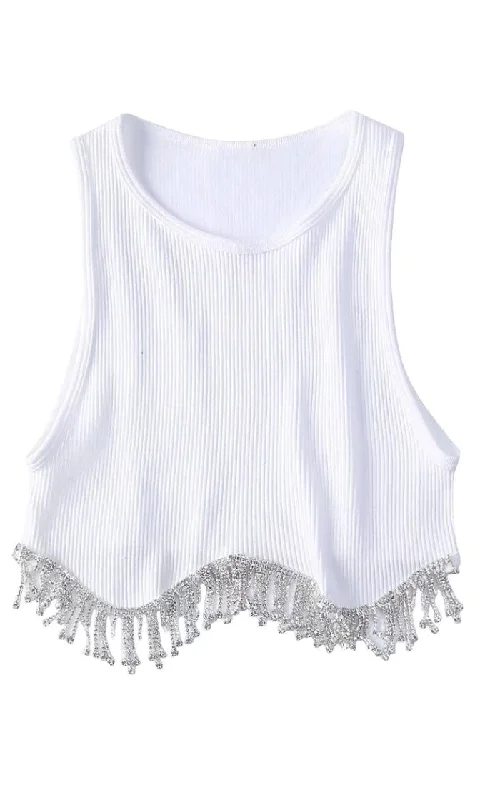 Pop Icon <span><br> Sleeveless Rib Knit Scoop Neck Bead Fringe Hem Crop Top</span>