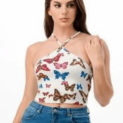 Sasha halter neck butterfly print crop top