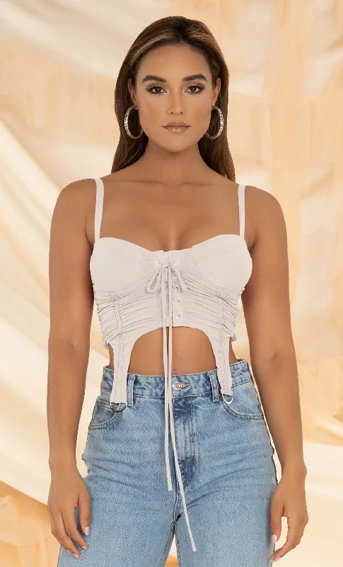 So Dope <br><span>Ivory Mesh Sleeveless V Neck Ruched Lace Up Bustier Crop Top</span>