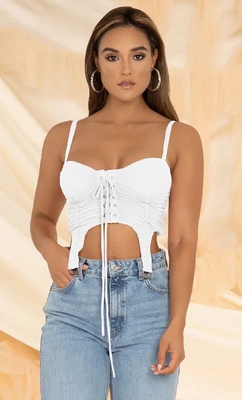 So Dope <br><span>White Mesh Sleeveless V Neck Ruched Lace Up Bustier Crop Top</span>