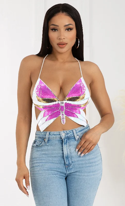 Wild Girl <br><span>Pink Sequin Butterfly Sleeveless Spaghetti Strap Crisscross V Neck Backless Crop Top</span>