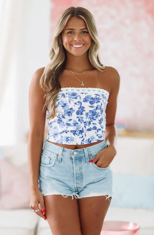 You, You Love It Strapless Floral  Crop Top - White and Blue