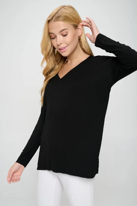 Basic V-Neck Solid Long Sleeve Top