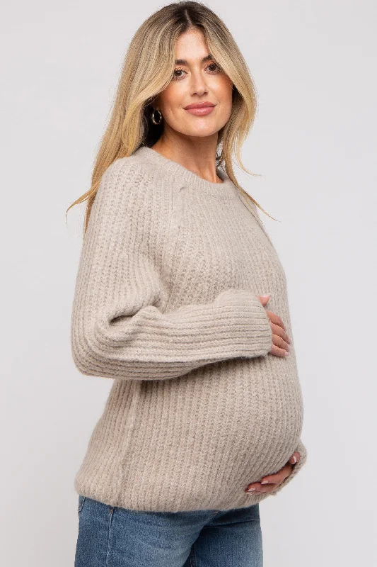 Beige Basic Chunky Knit Maternity Sweater