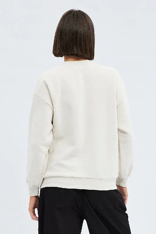 Beige Graphic Sweater Long Sleeves