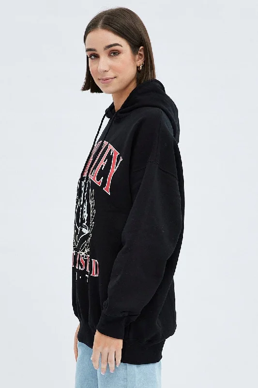 Black Graphic Sweater Hoodie Long Sleeve