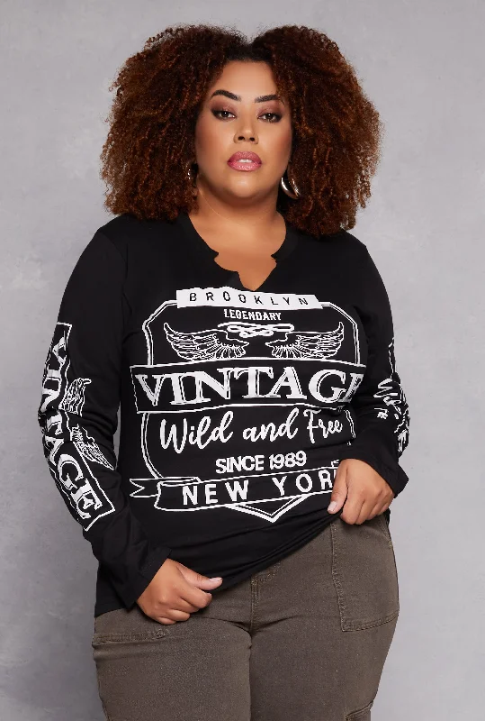 Plus Size Brooklyn Vintage Graphic Long Sleeve Top