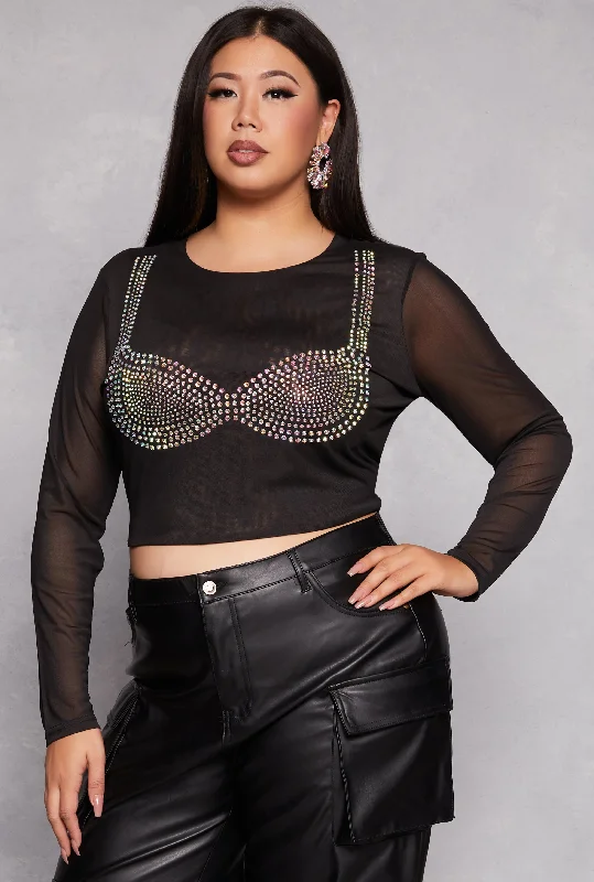 Plus Size Rhinestone Bralette Mesh Long Sleeve Crop Top