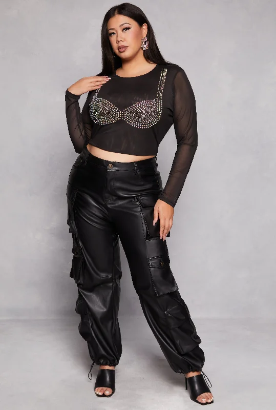 Plus Size Rhinestone Bralette Mesh Long Sleeve Crop Top