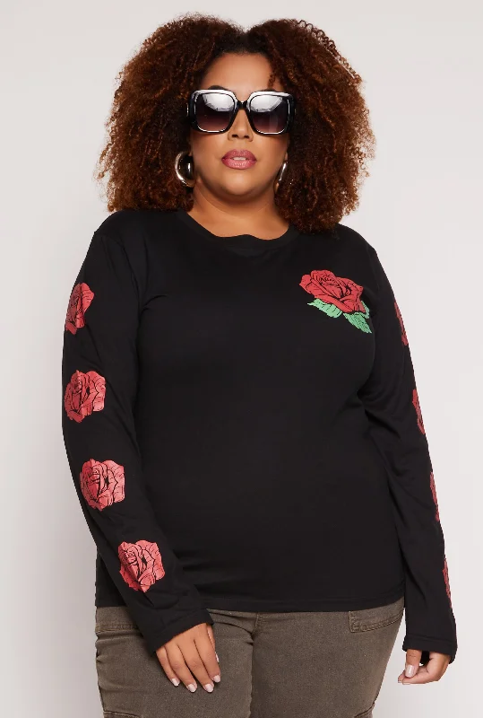 Plus Size Rose Graphic Long Sleeve Top