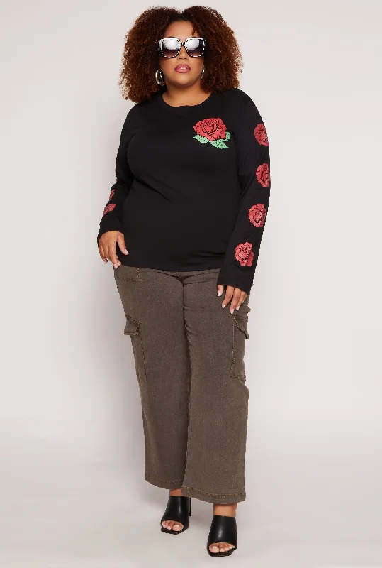 Plus Size Rose Graphic Long Sleeve Top