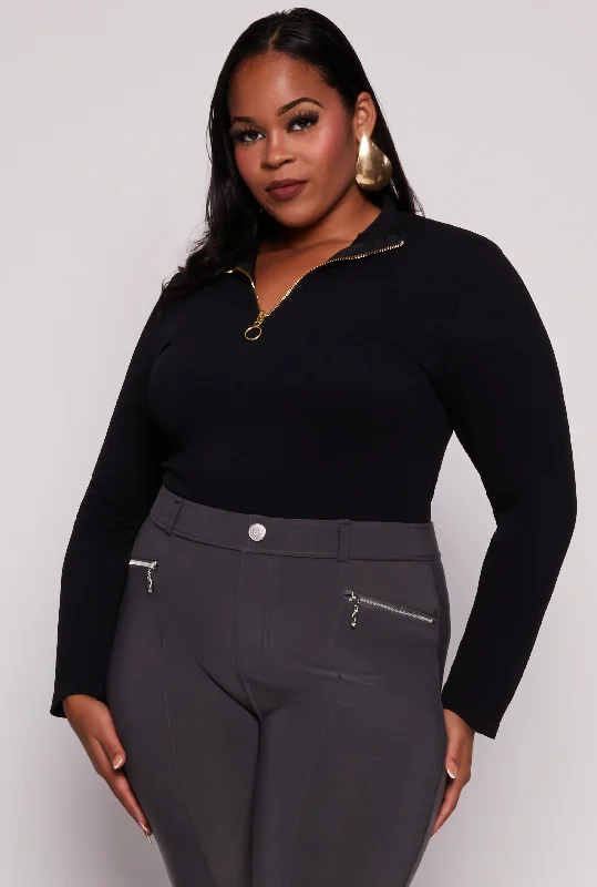 Plus Size Seamless Ribbed Zip Neck Long Sleeve Top